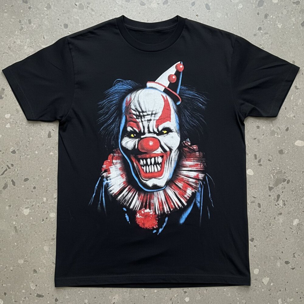 Creepy Evil Clown Horror Face Black Graphic Tee Halloween Scary Shirt